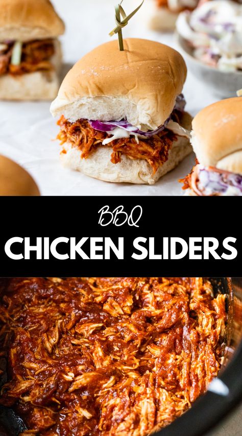 This simple slow cooker BBQ Chicken Sliders recipe features shredded chicken cooked low and slow in barbecue sauce. Each sandwich is topped with homemade creamy coleslaw, making them a perfect snack for the backyard barbecue! Crock Bbq Chicken, Barbeque Pulled Chicken Crockpot, Shredded Barbecue Chicken Crock Pots, Meals With Bbq Sauce, Shredded Barbecue Chicken Sandwiches, Shredded Chicken Sliders Recipes, Bbq Shredded Chicken Crockpot, Bbq Shredded Chicken Recipes, Pulled Bbq Chicken Crock Pot