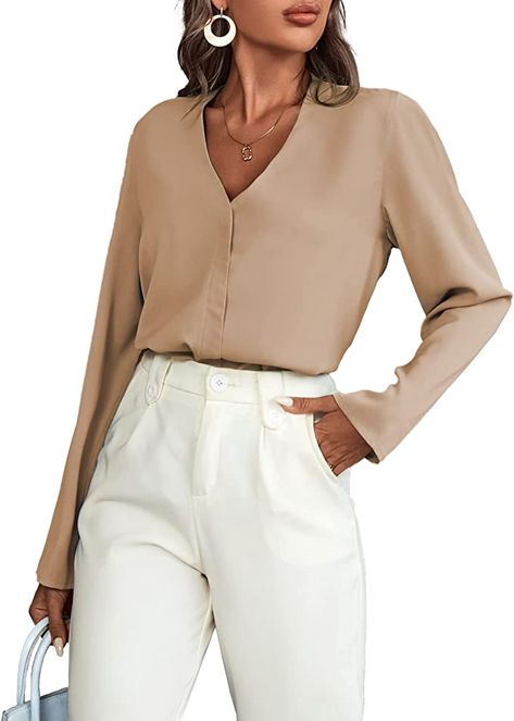 BROVAVE Women's Long Sleeve Shirts V Neck Business Casual Plain Work Blouses Tops Tan Blouse Outfit, Business Casual Blouse, Tan Blouse, Ankara Dress Styles, Awesome Blouse, Work Blouses, Womens Long Sleeve Shirts, Blouse Outfit, Beautiful Blouses