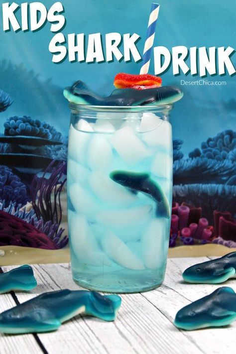 Shark Lunch Ideas, Shark Punch For Kids, Shark Drinks For Kids, Shark Week Drinks For Kids, Gummy Shark Drink, Blue Shark Drink, Shark Party Games, Shark Week Activities For Kids, Shark Treats