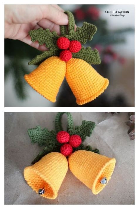 Christmas Bell Ornament Free Crochet Pattern Crochet Xmas Bell Free Pattern, Crochet Bell Pattern, Crocheted Christmas Ornaments Free, Crochet Turtle Pattern Free, Crochet Bells, Christmas Yarn Crafts, Christmas Ornament Crochet, Crocheted Ornaments, Diy Christmas Baubles