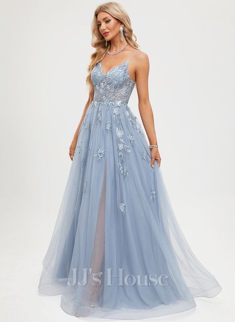 Light Blue Prom Dress V Neck, Prom Dress With Back Covered, Prom Dresses2024, Flowy Prom Dresses Long, Junior Prom Dresses Long, A Line Tulle Dress, Prom Dress Flowy, Premier Dresses, Prom Dresses Floral