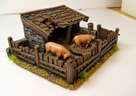 Miniature Warfare: Pigsty... A great place to stay. Back in the early years of the USA the State of Ohio and Michigan Territory nearly came to blows over pigs. Village Miniature, Miniature Gaming, Medieval Houses, Wargaming Terrain, Avatar Movie, Hobby Horse, Miniature Crafts, Fairy Houses, Toy Soldiers