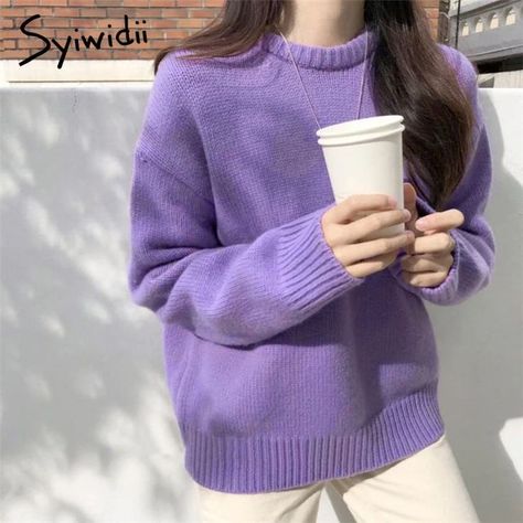 Purple Sweater Outfit, Casual Korean Fashion, Knitted Sweaters For Women, Teen Sweater, Women Sweaters Winter, Loose Long Sleeve, Winter Pullover, Classic Sweater, Purple Sweater