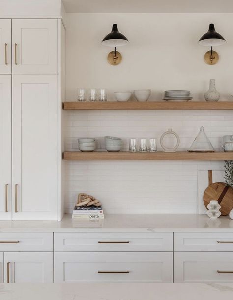 Neutral Kitchen with open shelving No Upper Cabinets, Modern Cabins, Kitchen Open Shelves, Kitchen Floating Shelves, Kitchen Wall Shelves, Kitchen Shelf Decor, Floating Shelves Kitchen, Open Kitchen Shelves, Wall Shelves Design