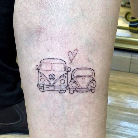 Couple Car Tattoos, Volkswagen Tattoo Ideas, Volkswagen Bug Tattoo, Volkswagen Van Tattoo, Volkswagon Tattoo, Cute Car Tattoos, Vw Van Tattoo, Volkswagen Bus Tattoo, Small Car Tattoos For Women