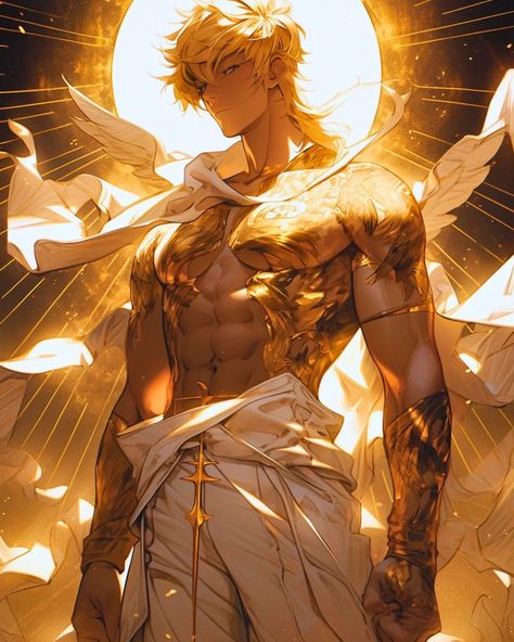 Aasimar Monk Male, Apollo Character Art, Sun God Art Male, Greek God Oc Male, Apollo Character Design, Sun God Character Design Male, God Art Male, Golden Character Design, Male Angels Men