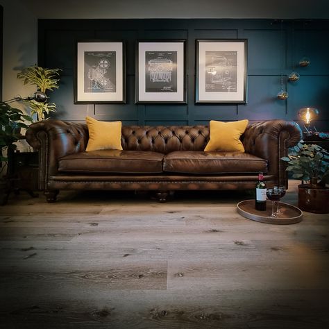 12 Board and Batten Walls To Jazz Up Your Home Dark Brown Sofa Living Room, Small Man Cave Ideas, Dark Brown Sofas, Brown Sofa Living Room, Board And Batten Wall, Brown Couch, Gold Living Room, Brown Leather Sofa, Blue Room