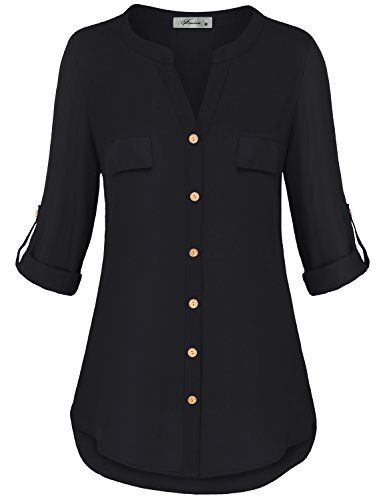 Loft Clothing, Womens Henley, Casual Blouse Shirts, Chiffon Tops Blouses, Chiffon Blouses, Women's Henley, Black Button Down Shirt, Amazon Dresses, Loose Fitting Tops