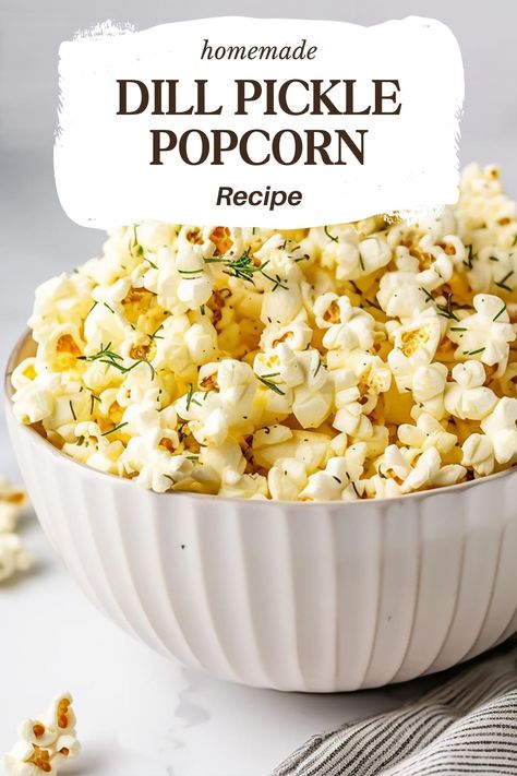 dill pickle popcorn Dill Pickle Foods, Pickle Popcorn Seasoning, 5 Minute Snacks Savory, Dill Popcorn Seasoning Recipe, Dill Pickle Food Recipes, Savory Popcorn Seasoning, Dill Pickle Snacks, Dill Pickle Snack Ideas, Best Homemade Snacks