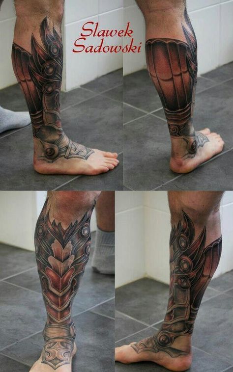 Shin guard Armour Tattoo, Tato 3d, Shoulder Armor Tattoo, Tattoos Masculinas, Leg Armor, Shin Tattoo, Tattoo Thigh, Armor Tattoo, Military Tattoos