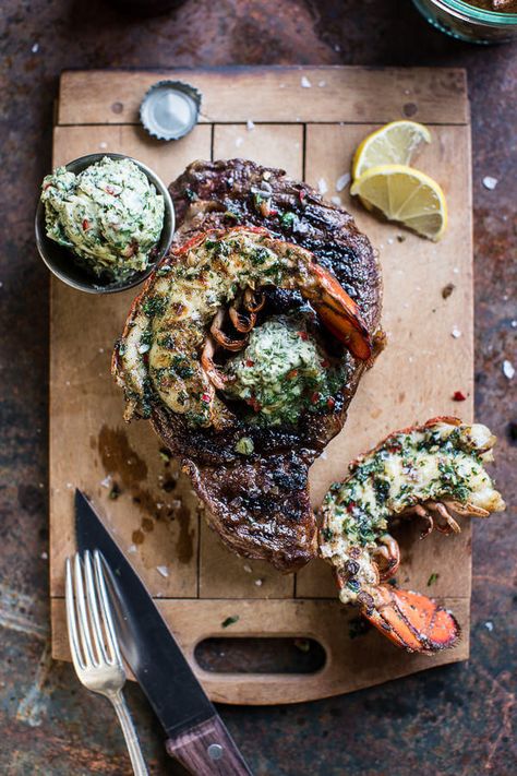 Surf and Turf- Steak and Lobster with Spicy Roasted Garlic Chimichurri Butter | halfbakedharvest.com @hbharvest Steak And Lobster, Surf And Turf, Half Baked, Half Baked Harvest, Grilled Steak, Steak Recipes, Roasted Garlic, Grilling Recipes, Seafood Recipes