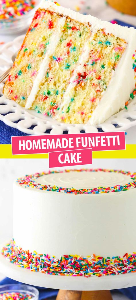 This Funfetti cake is made up of three layers of moist, buttery vanilla cake packed with colorful rainbow sprinkles. It is filled and frosted with a rich, vanilla buttercream and finished off with even more rainbow sprinkles. It practically screams “Party time!”. Funfetti Cake Sallys Baking, Funfetti Tiered Cake, Vanilla Rainbow Cake, Birthday Cake With Whipped Cream, Funfetti Cake Moist, Rainbow Cake Sprinkles, White Cake With Rainbow Sprinkles, Lemon Funfetti Cake, Crayola Cake Ideas