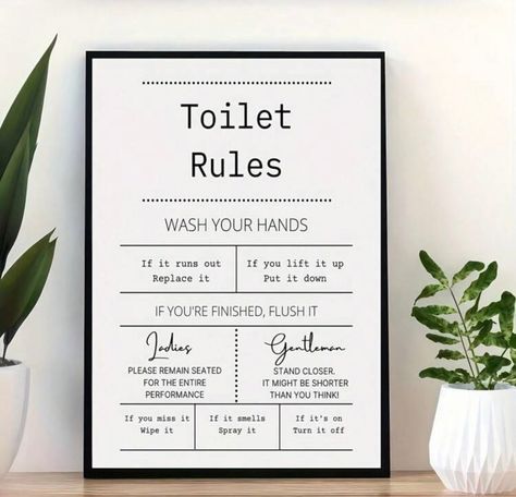 Toilet Rules, Bathroom Wall Decor Art, Bathroom Posters, Downstairs Toilet, Toilet Sign, Decor Baie, Toilet Wall, Downstairs Bathroom, Bathroom Prints