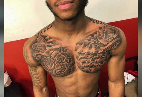 Male Chest Piece Tattoo, Men’s Word Chest Tattoo, Cloud Chest Tattoo Men, Right Chest Tattoo Men, Chest To Shoulder Tattoo Men, Chest Tattoo Black Men, One Side Chest Tattoo Men, Chest Cover Up Tattoos Men, Chest Tattoo One Side