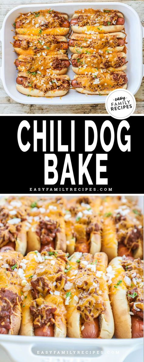 These baked chili dogs are a 4-ingredient dinner that comes together in minutes! When you bake chili cheese dogs in the oven, magic happens—they’re warm, toasty, with perfectly melted cheese. Your family will LOVE this for a weeknight meal, but it’s also great for parties—scale it up for a crowd and put together a topping bar so everyone can customize their baked chili cheese dogs! Oven Baked Chili Cheese Dogs, Baked Chili Dogs, Chili Cheese Dog Recipe, Toddler Dinners, Chili Dog Bake, Baked Chili Cheese Dogs, Baked Chili, Gameday Food, Cheap Family Meals