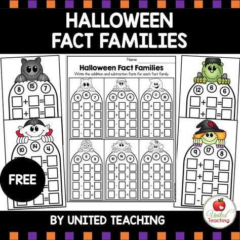 Fact Families Activities, Fact Family Worksheet, Free Math Centers, Math Counters, Halloween Math Centers, Family Math Night, Halloween Centers, Addition And Subtraction Facts, Halloween Math Activities