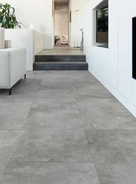 Gray Floor Interior, Indoor Tile Flooring, House Flooring Ideas Tile, 24x48 Tile Floor, Grey Tiles Bedroom, Aesthetic Floor Tiles, Big Tile Floor, Modern House Flooring, Minimal House Design Interior