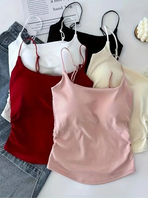 Single pack New Style Waist Pleated Camisole Bra Fixed - Temu Türkiye Camisole With Bra Built Ins, Homemade Tutu, Strappy Tank Top, Slim Jumpsuit, Clothing Packaging, Cotton Camisole, Camisole Bra, Strappy Tank Tops, Spring Skirts