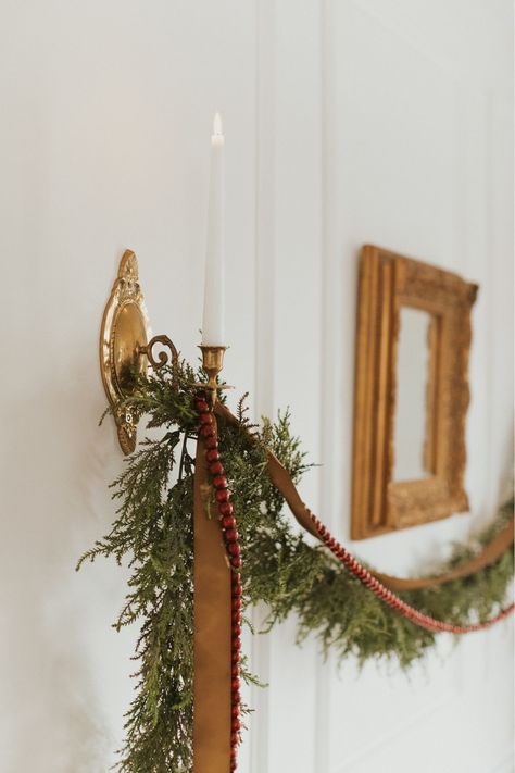 Juniper Garland, Stairs Door, Cozy Christmas Decor, Cottage Christmas, Christmas Interiors, Christmas Time Is Here, Christmas Inspo, Merry Little Christmas, Brass Wall