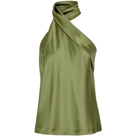 Galvan Olive Halterneck Satin Top - Size 12 (2,305 MYR) ❤ liked on Polyvore featuring tops, halter top, green top, army green top, satin halter top and halter-neck tops Olive Green Clothes, Green Satin Top, Green Silk Top, Green Halter Top, Tie Halter Top, Galvan London, Olive Green Top, Olive Top, Top Satin