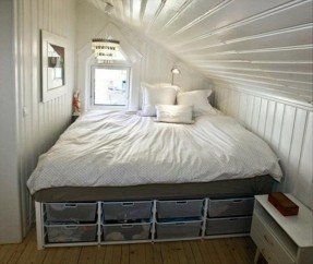 Raised bed with storage underneath. Space Saving Home Ideas – Attic Nook, Slanted Roof, All White Bedroom, Sweet Home Style, Bed Nook, Attic Ideas, Small Attic, Attic Renovation, Attic Spaces