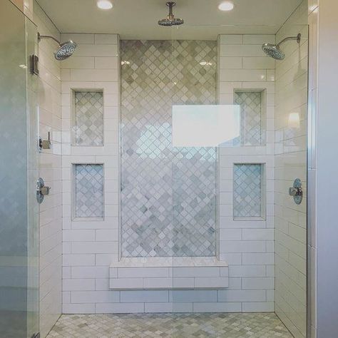 love! inset marble subway tile and white subway tile, double shower, marble tile floor Master Shower Tile, Makeover Kamar Mandi, Double Shower, Master Shower, Bad Inspiration, Master Bath Remodel, White Subway Tile, Trendy Bathroom, Bath Room