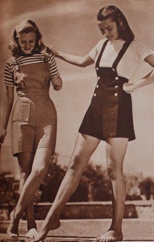 More from Vintage Dancer: http://www.vintagedancer.com/1940s/1940s-playsuits-rompers/  "1944 short Overalls and Jumper Playsuits" 40s Mode, Vintage Playsuit, Fashion 1940s, Tokyo Street Fashion, Look Retro, Grunge Look, 40s Fashion, 50s Vintage, Playsuit Romper