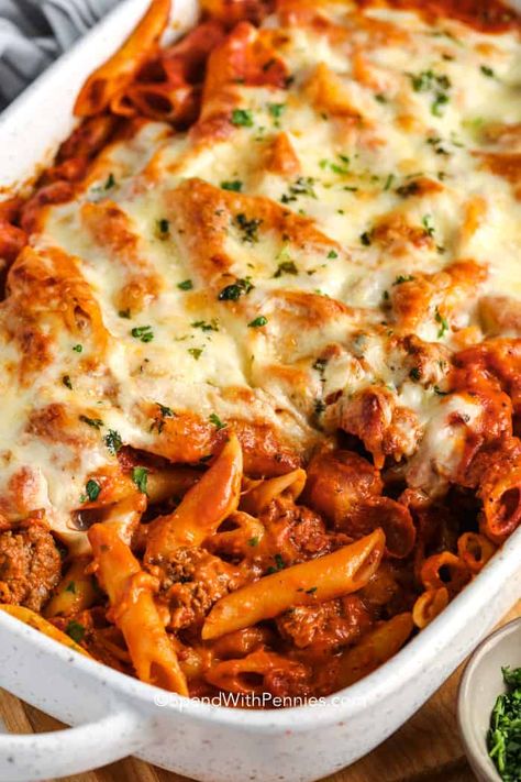 Baked Mostaccioli is a favorite casserole with a beefy tomato sauce is baked with cheese. This is easy to prep and great to make ahead! #spendwithpennies #bakedmostaccioli #entrée #recipe #easy #sauce #Italian #best #oven #withsausage Baked Mostaccioli Recipe, Mostaccioli Recipe, Cheesy Ham Casserole, Baked Mostaccioli, Tuna Casserole Easy, Spaghetti Pie, Chicken Casserole Easy, Ziti Recipes, Ham Casserole