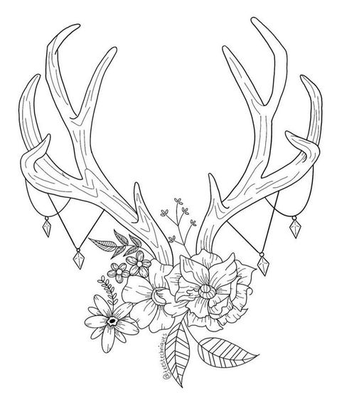 Antler Tattoo With Flowers, Deer Antler Tattoo With Flowers, Deer Antler Tattoo, Antler Tattoo, Tattoo With Flowers, Tattoo Coloring Book, Dream Catcher Tattoo, Deer Antler, Tattoo Ink