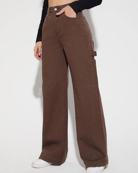 Wide Leg Jeans 45$ XS-S-M-L... Check more at PrettyTikTok.com Brown Wide Leg Jeans Outfit, How To Style Brown Jeans, Wide Leg Pants Aesthetic, Brown Jeans Outfit Women, Brown Wide Leg Pants Outfit, Brown Wide Leg Jeans, Brown Jeans Outfit, Brown Denim Pants, Wide Leg Jeans Outfit