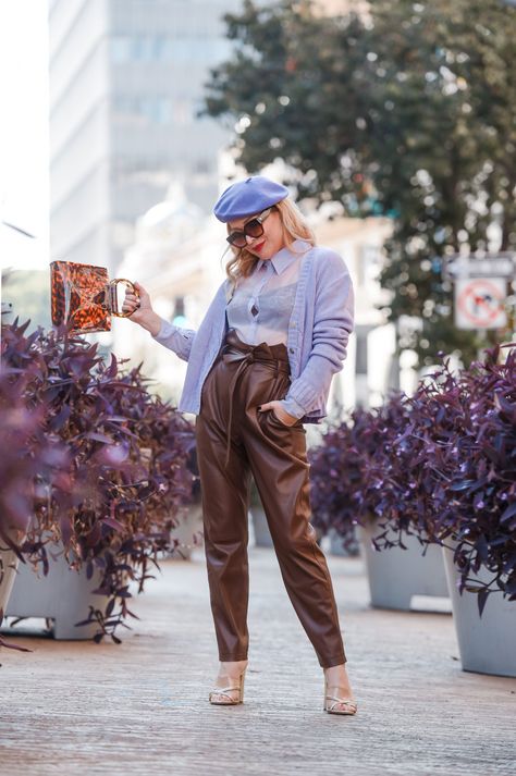 Lavender Layers | Chocolate Leather | fall street style outfit | fall outfit inspiration | fall outfit ideas | what to wear now | vegan leather pants outfit fall | leather paperbag waist pants outfit fall | leather pants outfit fall | lavender sweater outfit fall | beret outfit fall | cardigan outfit fall | sheer blouse outfit fall | The Hunter Collector #lavender #veganleather Lavender Sweater Outfit, Sheer Blouse Outfit, Baret Outfit, Faux Leather Pants Outfit, Fall Chic Outfits, Beret Outfit, Cardigan Fall Outfit, Lavender Cardigan, Pants Outfit Fall