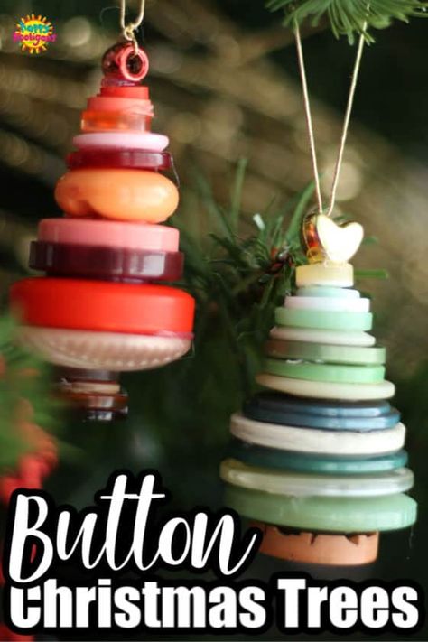 These button tree ornaments are easy for kids to make and look charming on the Christmas tree. Stacking, arranging by size, and using a glue gun are skill that kids will learn while making them. #HappyHooligans #Button #Ornament #Christmas Tree #stack #Christmas #Craft #Kids Christmas Ornaments Homemade Rustic, Christmas Ornaments Homemade Kids, Button Christmas Tree, Homemade Christmas Ornaments Diy, Ornaments Diy Kids, Ornament Hanger, Easy Christmas Ornaments, Christmas Crafts For Toddlers, Kids Christmas Ornaments