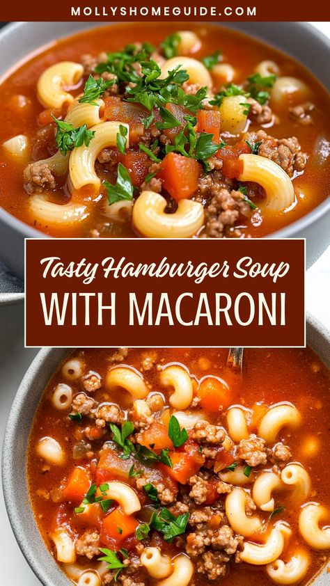 Indulge in the ultimate comfort food with this hearty and flavorful hamburger soup with macaroni. Packed with savory ground beef, tender vegetables, and perfectly cooked macaroni pasta, this easy-to-make soup is a delicious one-pot meal that's sure to satisfy your taste buds. Whether you're craving a cozy weeknight dinner or looking for a crowd-pleasing recipe for gatherings, this hamburger soup is guaranteed to be a hit. Hamburg Macaroni Soup, Hamburger Elbow Macaroni Recipes, Hamburger Orzo Soup, Soups To Make With Ground Beef, Hamburger Tomato Soup Casserole, Macaroni And Hamburger Soup, Italian Hamburger Soup, Soups With Hamburger Meat Ground Beef, Hamburger Cheese Soup