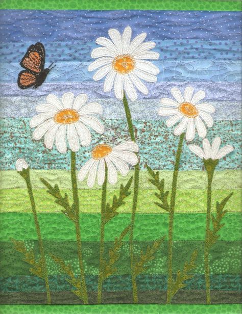 Daisies Applique Mini Art Quilt Daisy Applique Pattern, Daisy Quilt Pattern, Postcard Quilts, Flower Applique Patterns, Collage Quilting, Quilt Journal, Daisy Applique, Daisy Quilt, Panel Quilt Patterns