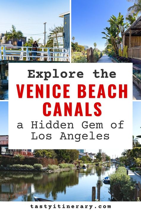 The Venice Beach canals are a hidden gem of Los Angeles. If you're looking for something unique to do in LA, this is it. Learn why the Venice Canals exist. How to get there and why you should visit this historic spot in Los Angeles. | tastyitinerary.com Cool Places In California, Venice Beach Canals, Venice Los Angeles, California Roadtrip, Visit Los Angeles, California Travel Guide, Places In California, Venice Canals, California Vacation