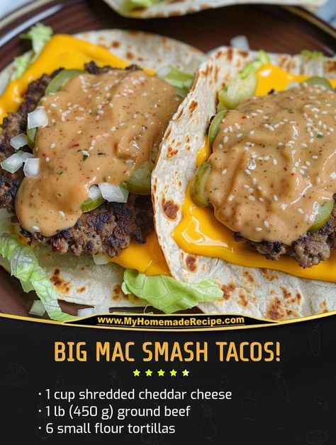 Easy and tasty recipes | BIG MAC SMASH TACOS | Facebook Big Mac Smash Burger Taco Sauce, Big Mac Smashed Tacos, Big Mac Smash Burger Taco On Blackstone, Big Mac Smash Burger Taco, Big Mac Smash Burger Taco Healthy, Big Mac Smash Burger, Big Mac Smash Tacos, Big Mac Smashed Burger Taco, Smash Tacos