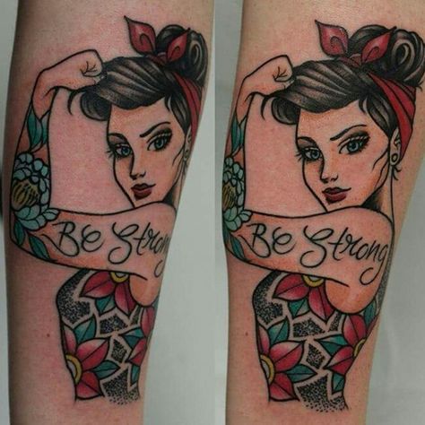 Traditional Pin Up Tattoo, Women Traditional Tattoo, Traditional Strong Woman Tattoo, American Traditional Rosie The Riveter Tattoo, Pinup Tattoos, American Traditional Pin Up Girl, Pinup Tattoo With Tattoos, Pinup Tattoo, Traditional Tattoos For Women