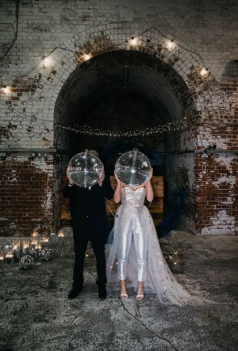 Soulmate Wedding Theme, Celestial Disco Wedding, Non Traditional Wedding Suit, Celestial Boho Wedding, Edgy Wedding Photos, Disco Boho Wedding, Modern Edgy Wedding, Disco Wedding Dress, Boho Celestial Wedding