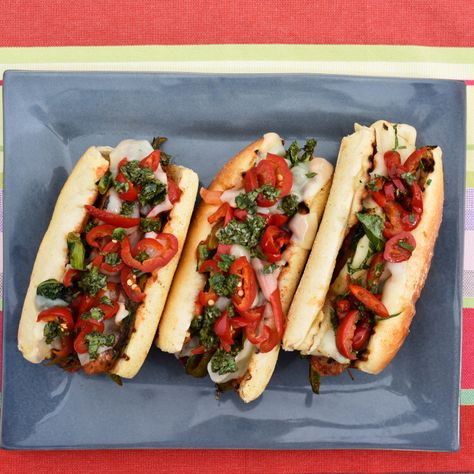 Sausage and Pepper Grinder by Geoffrey Zakarian Pickled Cherries, The Kitchen Food Network, Geoffrey Zakarian, Sausage And Peppers, Stuffed Poblano Peppers, Pork Dishes, Wrap Sandwiches, Sausage Recipes, Italian Sausage