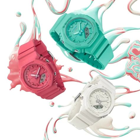 Smaller G-Shock GMA-P2100 watches to launch in turquoise, red, and white Colorful Watches, White Dial Watch, Rubber Watches, Elapsed Time, G Shock Watches, Countdown Timer, Casio G Shock, Women Watches, Baby G