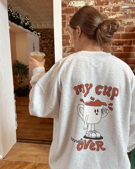 When your sis makes you a coffee AND reps your new coffee crew neck >> ☺️🫶🏻💖 the perfect combo!! 🔗 in bio to shop this design as a tee, crew neck, or sticker! #coffeecrew #jesusloves #coffee #crewneck #christianapparel #psalm23 #cuprunnethover Coffee Shop Shirt Design, Coffee Shirt Ideas, Coffee Shop Merch, Cafe Merch, Coffee Shop Shirt, Coffee Crewneck, Truck Photography, Hoodie Design Ideas, Sticker Inspo