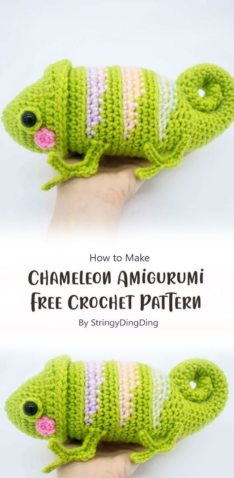 This free crochet pattern by StringyDingDing enables crafters of all levels to embark on a delightful journey of creating their very own crocheted chameleon. Chameleon Crochet, Crochet Chameleon, Knitted Stuffed Animals, Pattern Ideas, Crochet Stitches Tutorial, Amigurumi Free, Amigurumi Free Pattern, Crochet Animals, Amigurumi Pattern