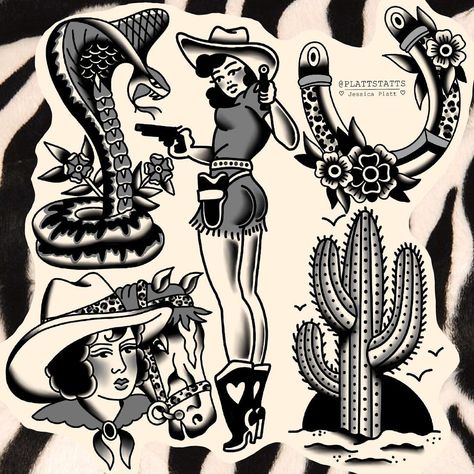 Western Scorpion Tattoo, Cowboy Traditional Tattoo Flash, Cowboy Standoff Tattoo, American Traditional Western Flash, Pinup Tattoo Cowgirl, Western Tattoo Traditional, Horse Rider Tattoo, Western Pinup Tattoo, Cowboy Traditional Tattoo