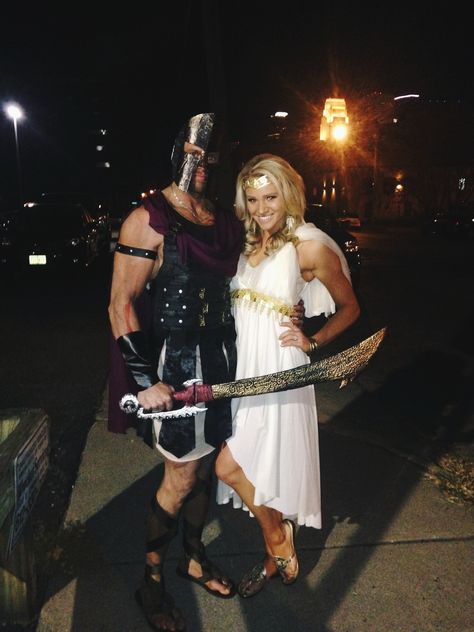 Couples halloween costume, greek goddess, greek warrior! My hubby and I :) Warrior Couple Costume, Greek Couples Costumes, Gladiator Couple Costume, Historical Couples Costumes, Greek Goddess Costume Couple, Greek Couple Costume, Greek God Couple Costume, Greek God And Goddess Costume Couple, Greece Halloween Costumes