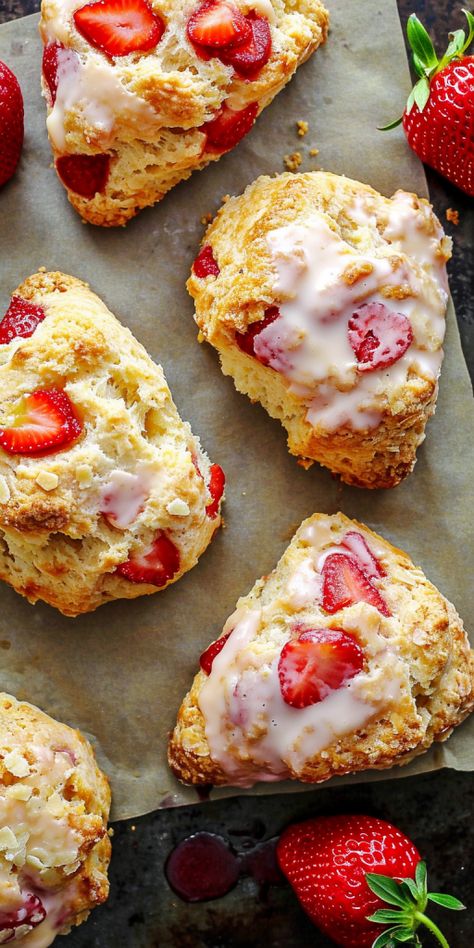 Strawberry Cream Scones [25 Minutes] - Chasety Strawberry Pastry Recipes, English Pastries, Bakery Scones, Strawberry Scones Recipe, Bakery Desserts Pastries, Strawberry Scones, Scone Recipes, Scones Recipe Easy, Scones Easy