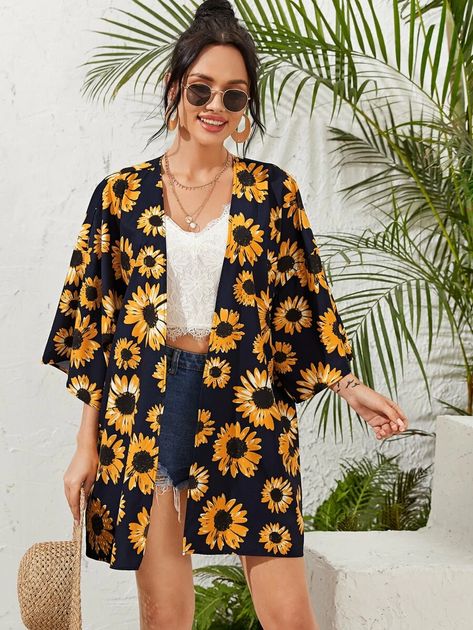 Sunflower Fashion, Fall Kimono, Goa Outfits, Look Kimono, Sunflower Outfit, Looks Hip Hop, Kimono Outfit, Mode Kimono, Casual Kimono