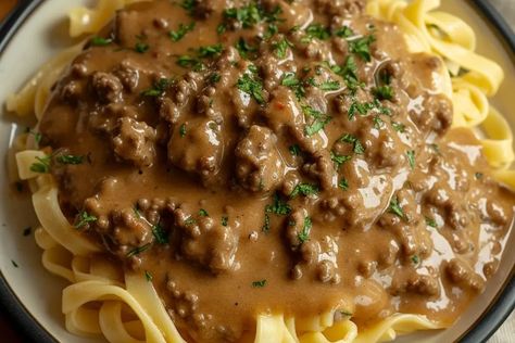 Hamburger Gravy Recipe Creamed Hamburger Gravy, Brown Hamburger Gravy, Ground Beef Gravy Noodles, Instant Pot Hamburger Gravy, Keto Hamburger Gravy, Hamburger In Gravy Recipes, Hamburger Mushroom Gravy, Hamburger And Brown Gravy Recipes, Hamburg Gravy Over Mashed Potatoes