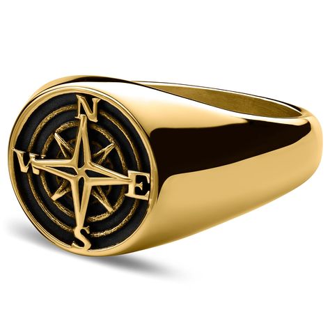 * Classic signet ring design  * Surgical-grade stainless steel Rings Aesthetic Gold, Mens Signet Rings, Signet Ring For Men, Compass Ring, Ring Size Adjuster, Aesthetic Gold, Rings Aesthetic, Fall Rings, Compass Design