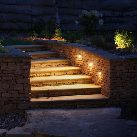 Patio Chico, Garden Lighting Ideas, Garden Lighting Design, Step Lights, Hotel Exterior, Outdoor Lounge Area, Tiered Garden, Outdoor Steps, Garden Steps