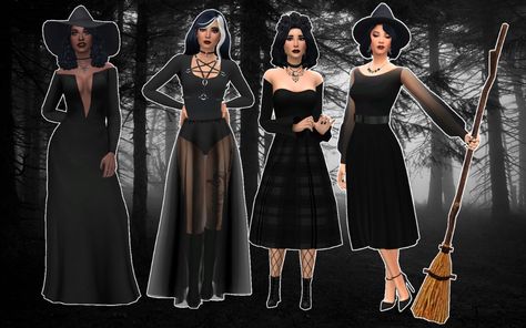 Witch Lookbook This lookbook is my entry for @eslanes​' Something Wicked This Way Comes Lookbook Challenge featuring two looks from each of my four witches. Eslanes makes ridiculously incredible... Witch Lookbook, Witch Clothes, Los Sims 4 Mods, Witchy Dress, Witchy Outfits, Clothes Cc, Sims 4 Studio, Fall Fashion Skirts, Pelo Sims